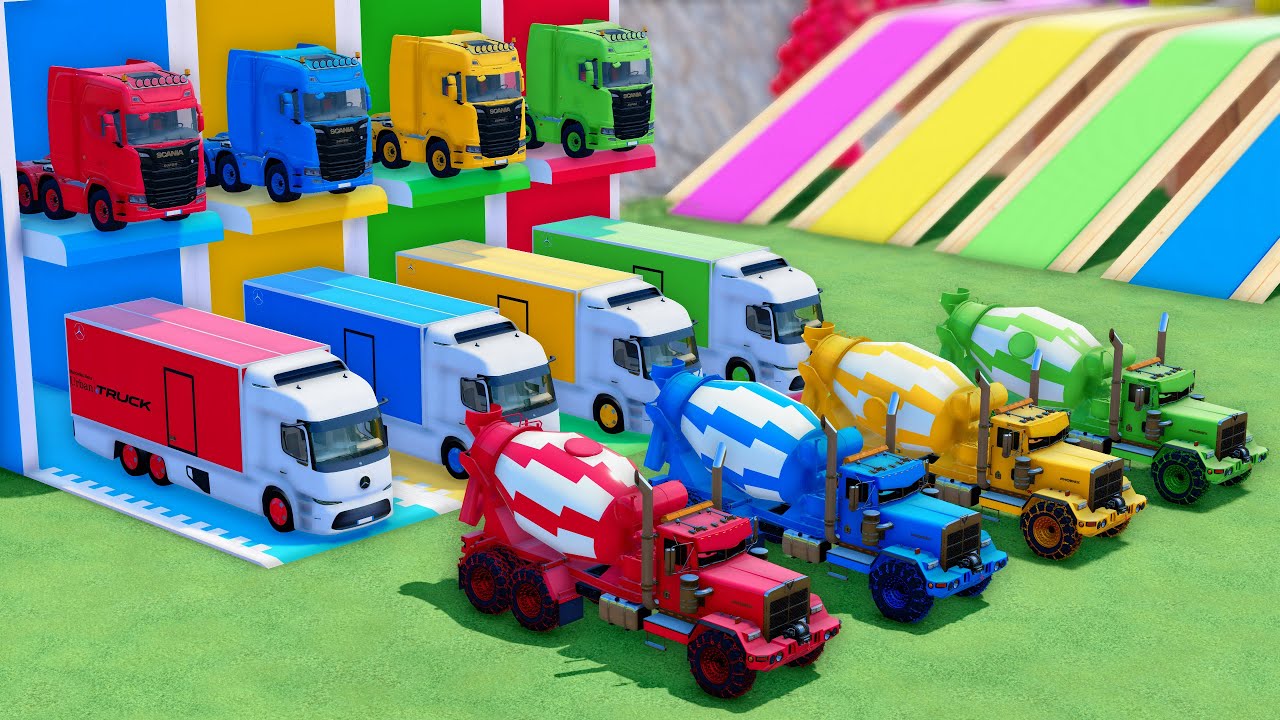TRANSPORT OF COLOR - ALL MIXER TRUCK WITH MONSTER FLATBED TRUCK, MAN, MERCEDES, SCANIA, DACIA - FS22