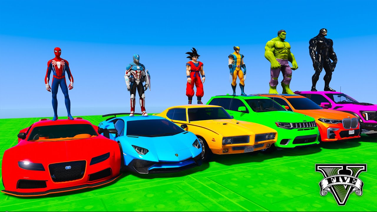 SPIDERMAN and WOLVERIN Mega RAMP Challenge for Cars Monster Truck! Superhero Hulk Venom Goku– GTA 5