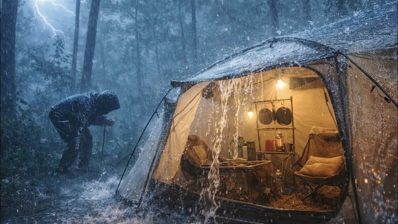 I Didn’t Expect This Much Rain... Heavy Rainstorm Camping in a Canvas Tent