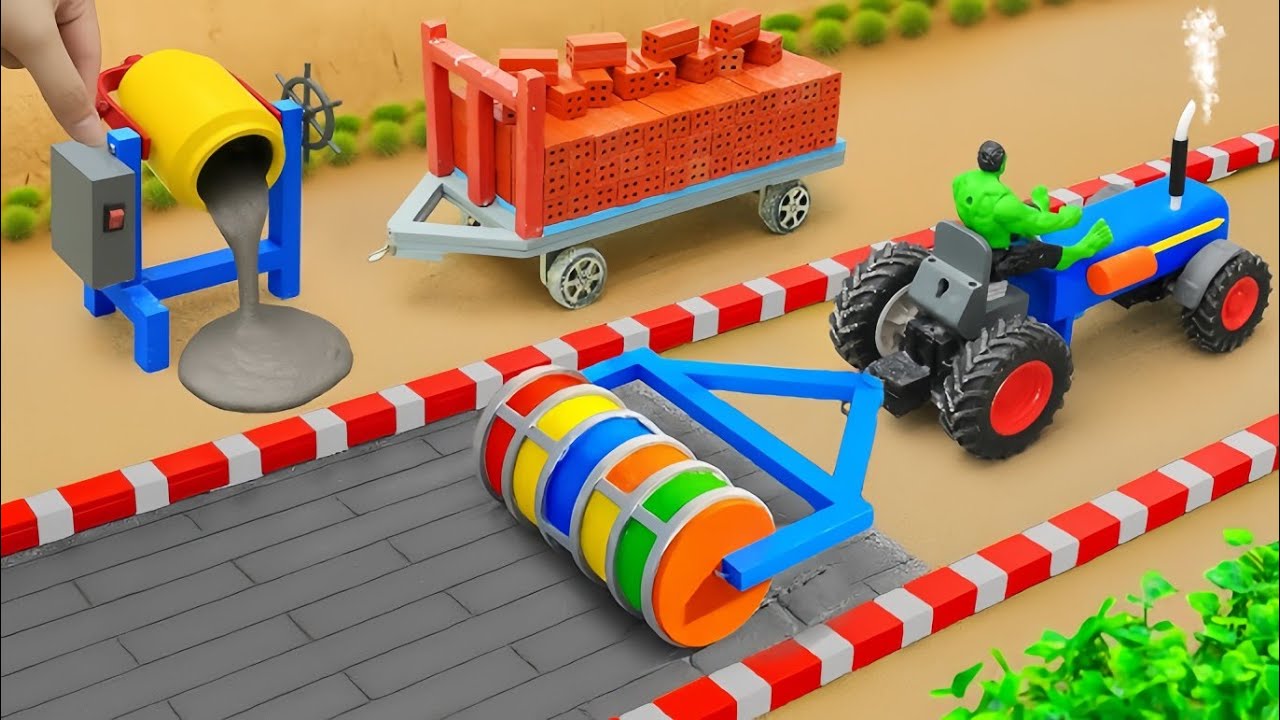 DIY Mini Tractor, Concrete Mixer & Road Roller Build Strong Concrete Road | Amazing Science Project