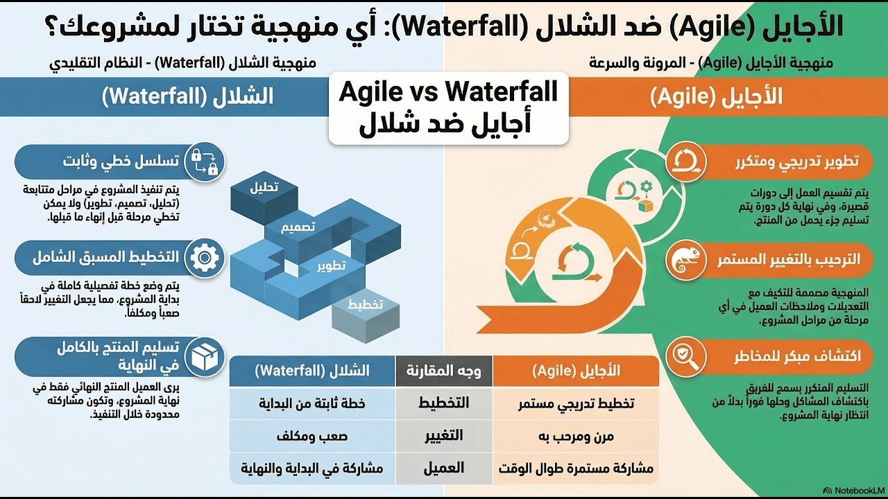 الحلقة 5: الفرق بين Agile والطريقة التقليدية Waterfall Model في إدارة المشاريع