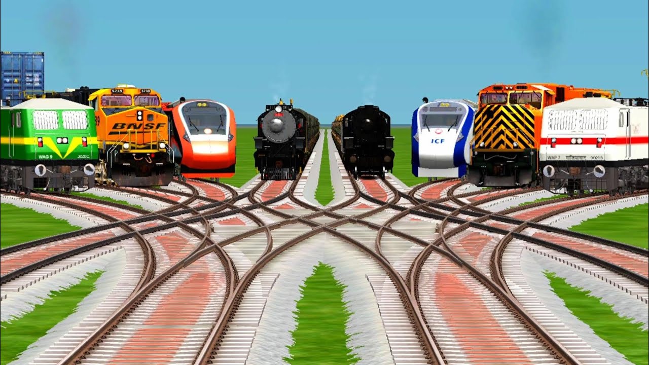 8 High Speed Trains Crossing By Curved Branched Railroad Tracks//train game //Indian train simulator