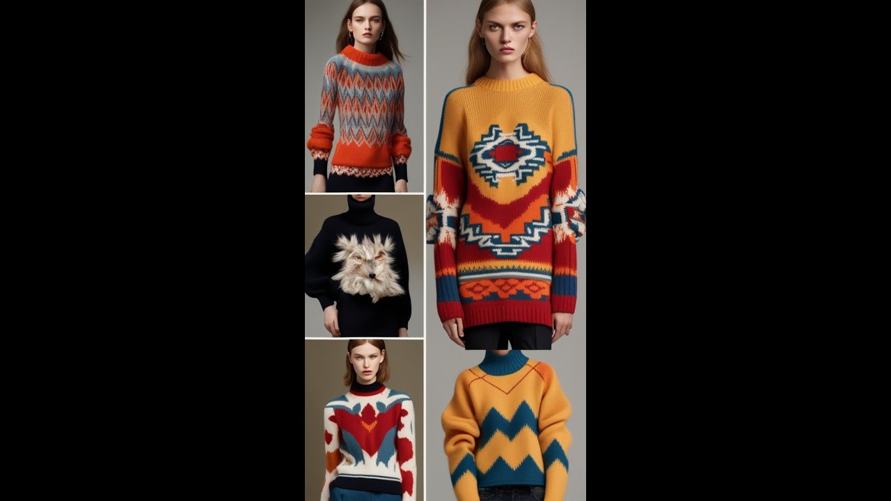 Fashion show walk onto the street  Trends Winter 2024  Knitted with pattern granny Square sweaters
