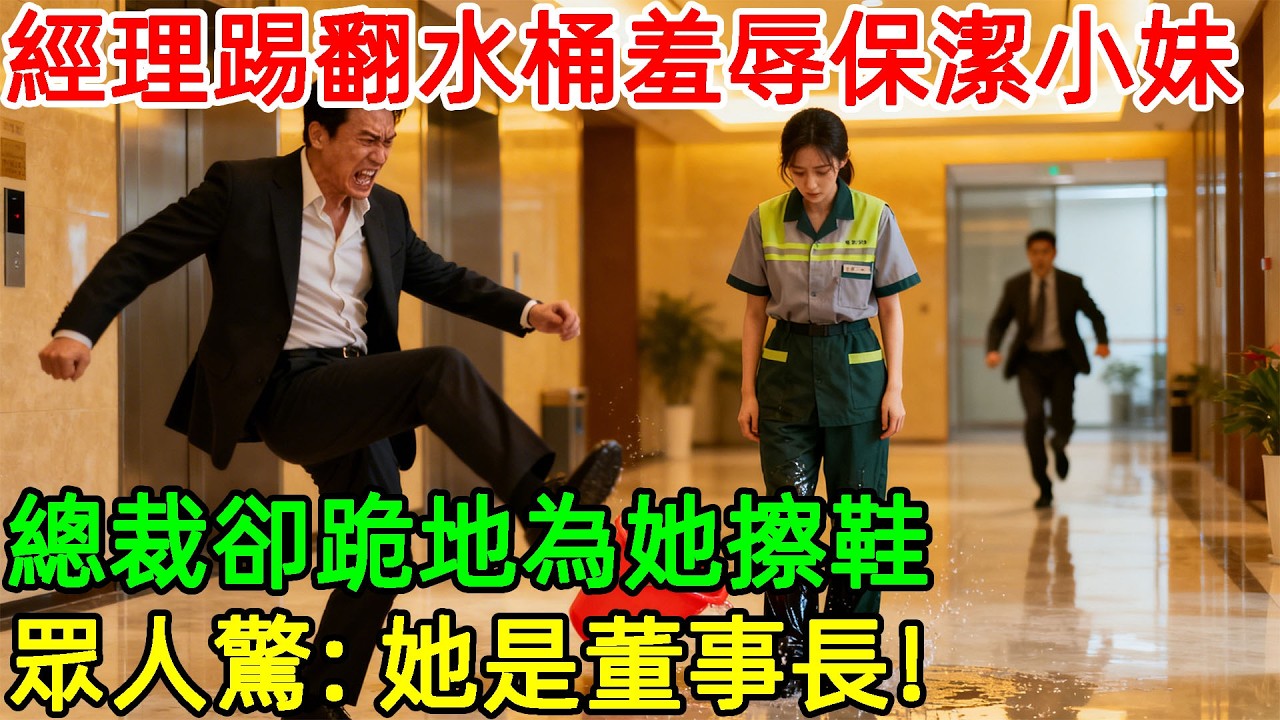 經理踢翻水桶羞辱保潔小妹，總裁卻跪地為她擦鞋，眾人驚：她是董事長！#情感#故事#正能量#故事频道#故事分享