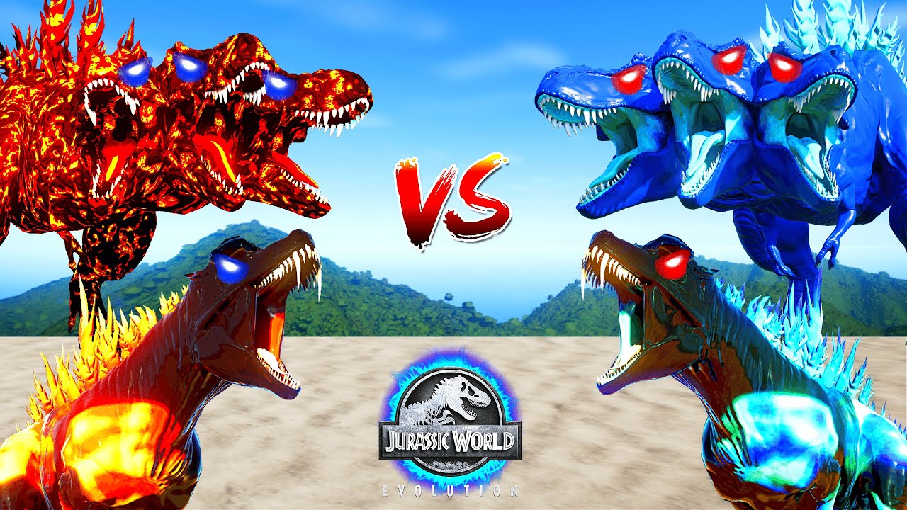 Fire Godzilla Team vs Ice Godzilla Team Dinosaurs Fighting - Jurassic World Evolution