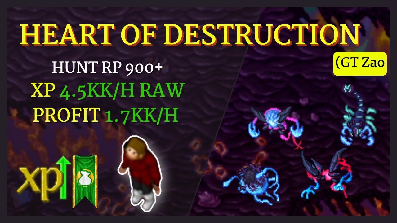 Tibia Hunt GT Zao (Heart of destruction) RP 900+ XP 4,5kk Raw / Profit 1,7kk/h.
