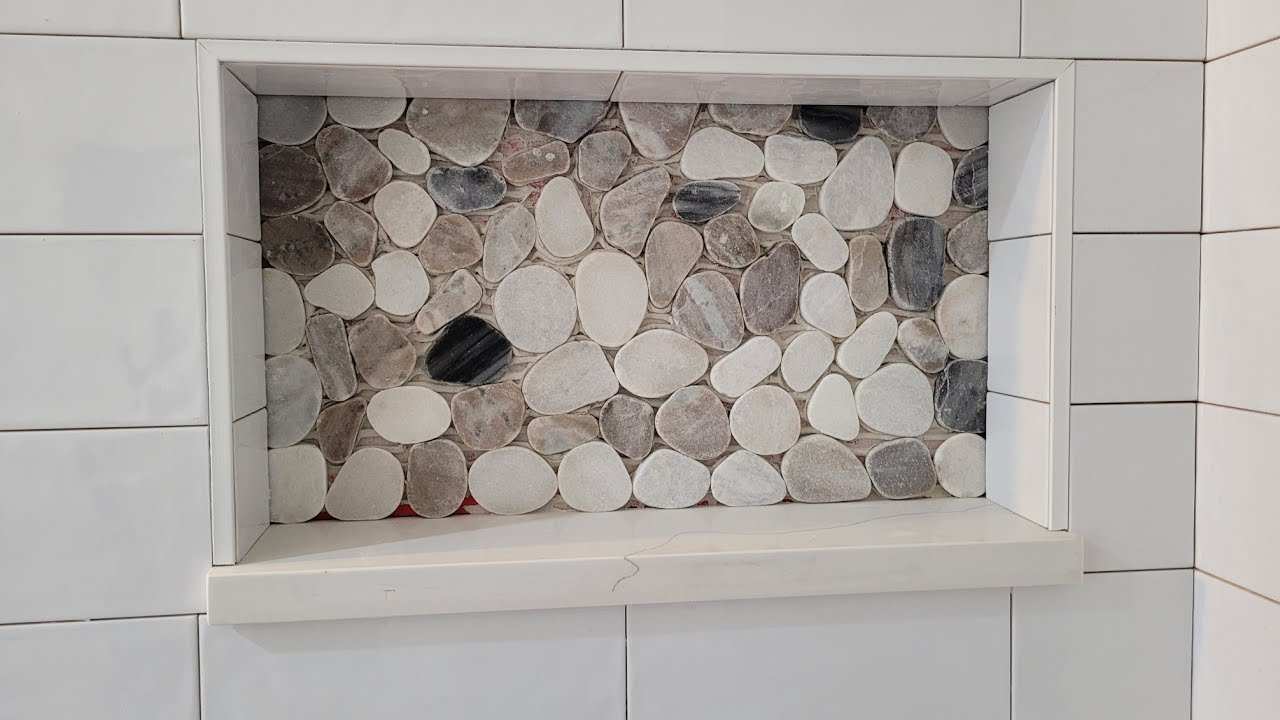 How To Tile Shower Niche With Pebble Stone & Quartz Base