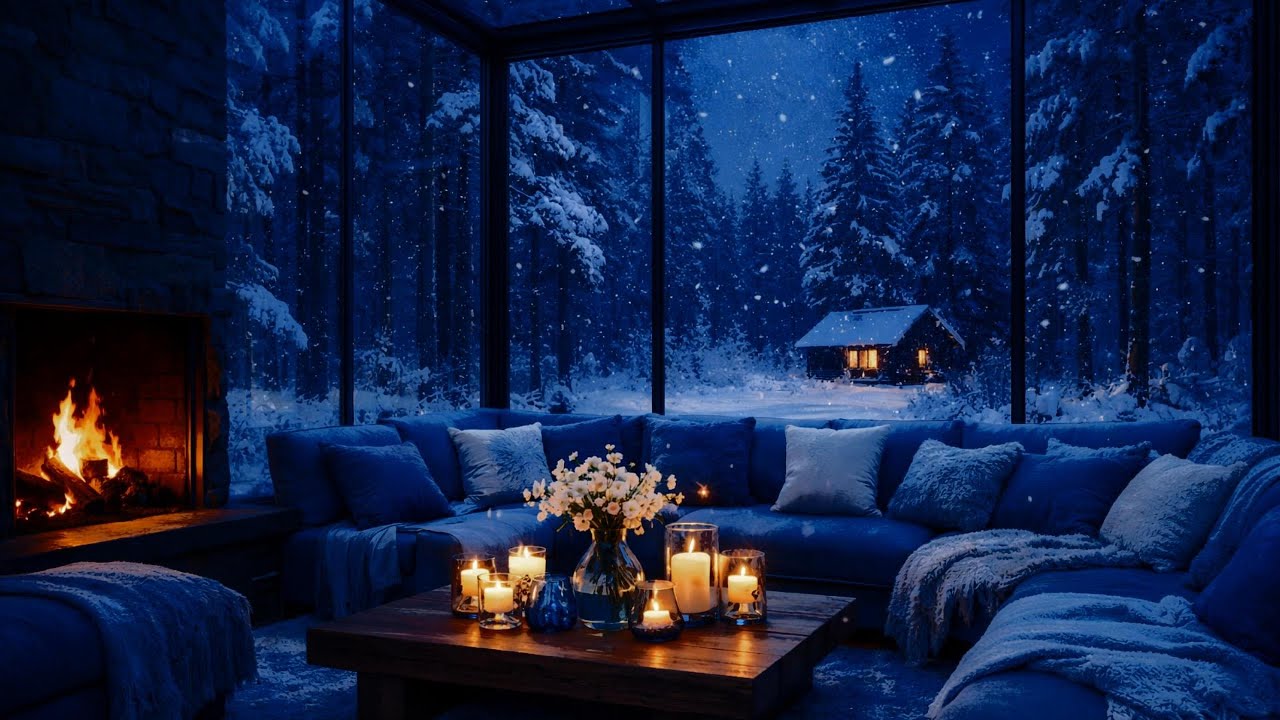 Deep Sleep Winter Ambience ❄️ Warm Fireplace & Falling Snow Outside | Soft Piano Music for Relax