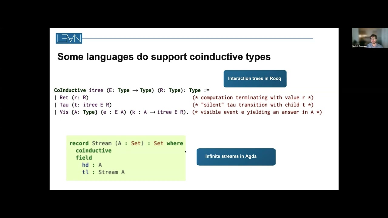 Wojciech Różowski - Coinductive predicates in Lean (Lean Together 2026)
