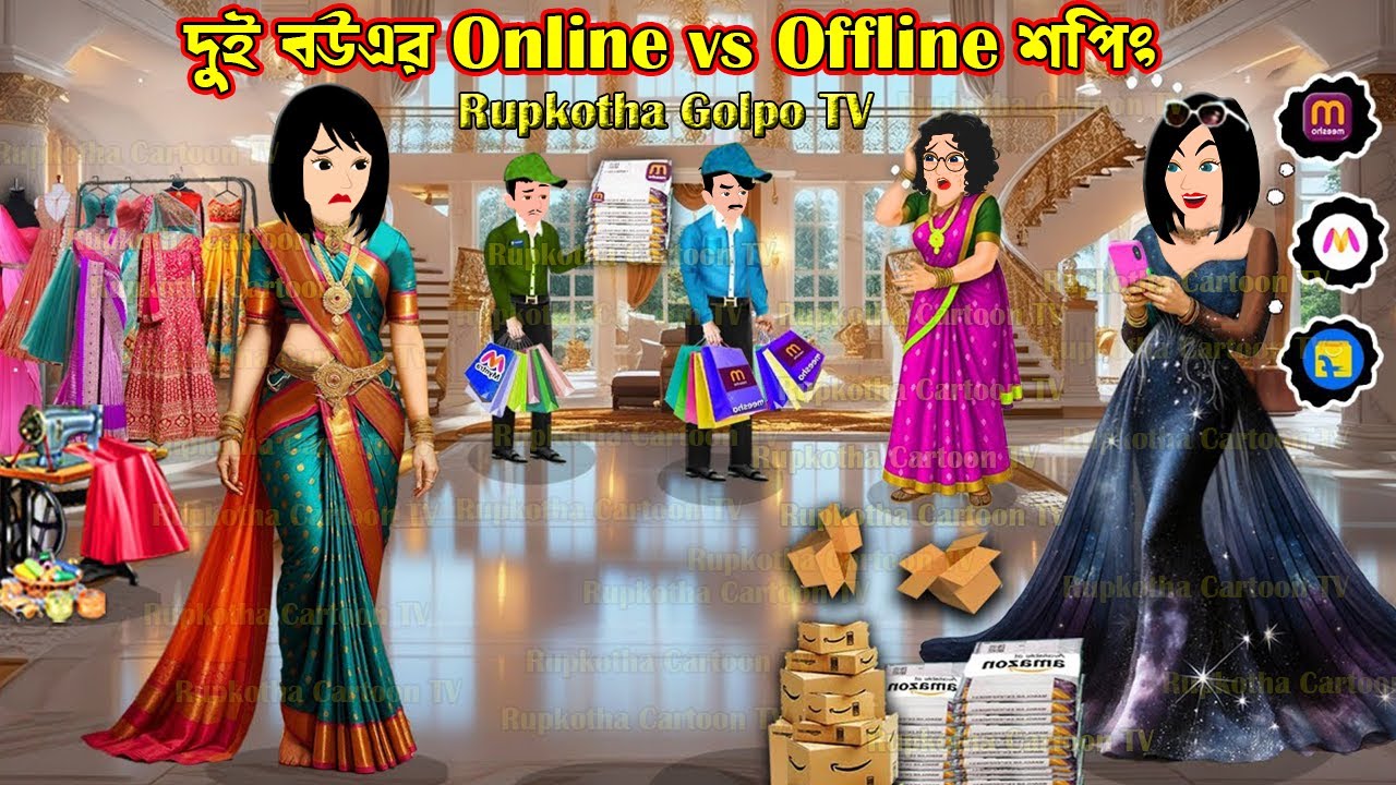 দুই বউএর Online Vs Offline শপিং Dui Bouer Online Vs Offline Shopping | Cartoon | Rupkotha Golpo TV