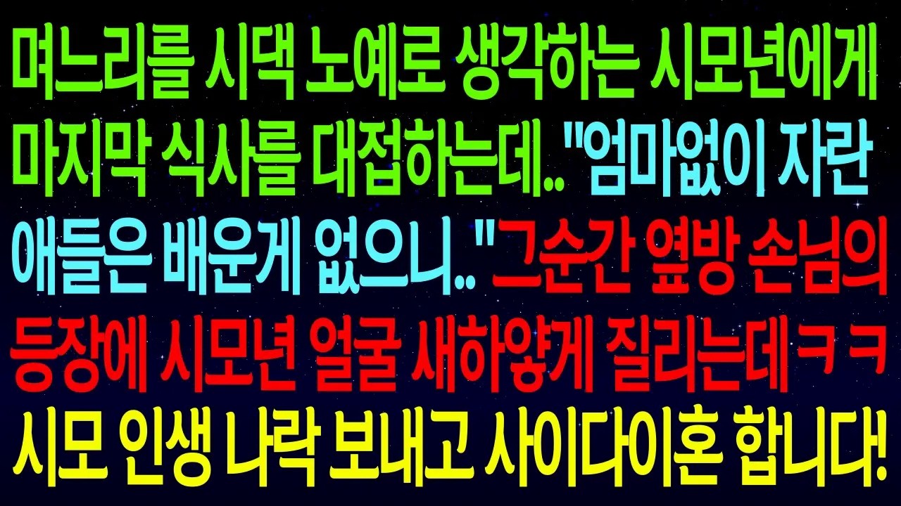 며느리를 시댁 노예로 생각하는 시모에게 마지막 식사를 대접하는데..그순간 옆방에서 식사하던 손님의 얼굴을 확인하고 새하얗게 질리는데..한방먹이고 이혼합니다!
