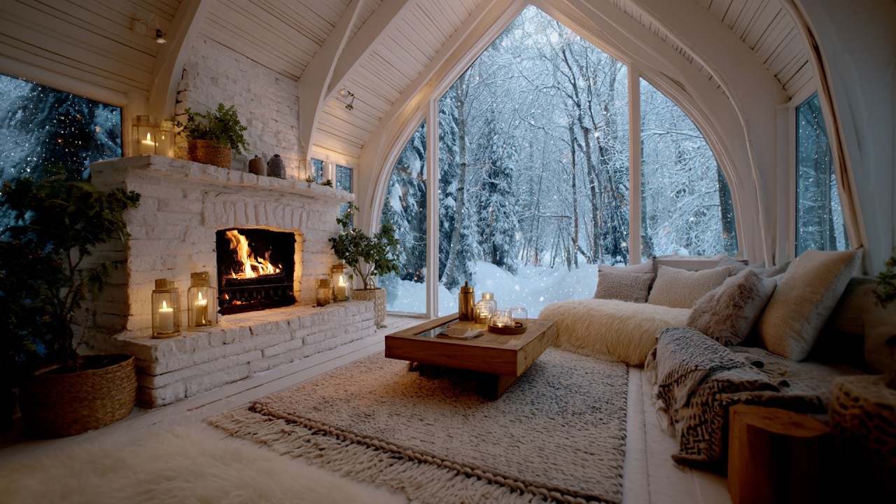 Cold Winter Storm Beyond the Glass, Fireplace Comfort Inside | Calm Atmosphere for Sleep & Rest