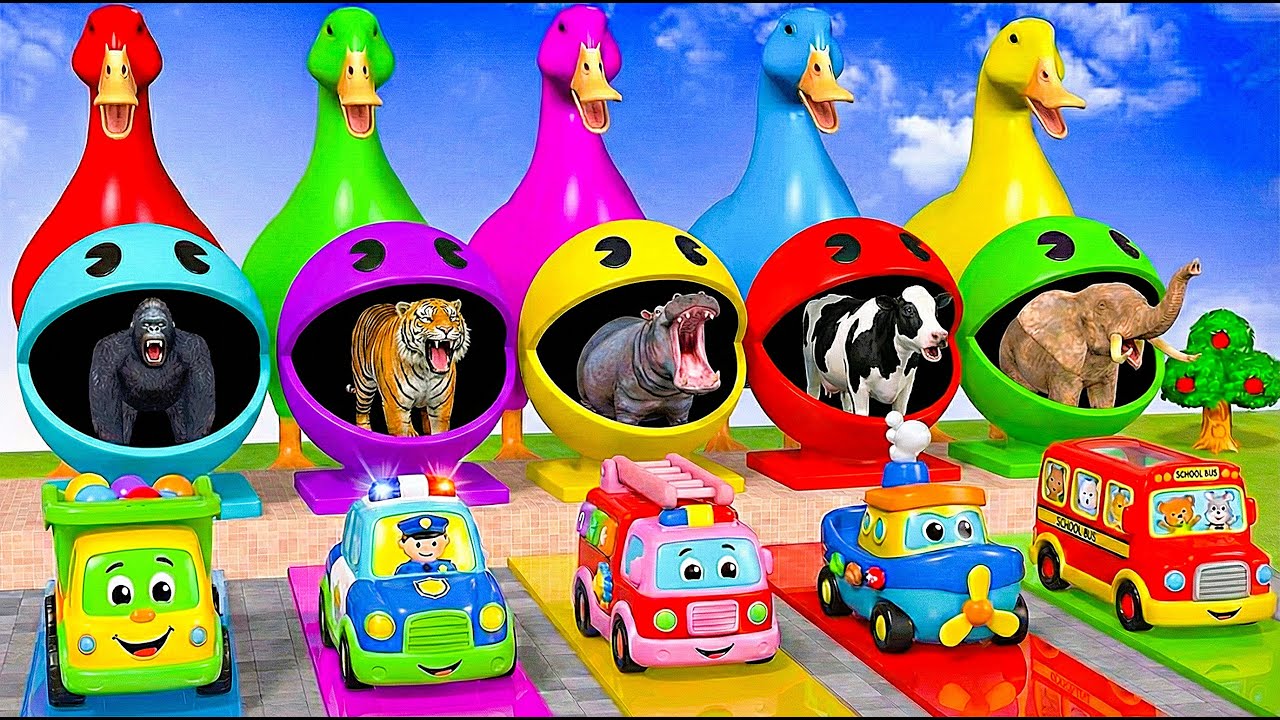 Long Slide Game With Cow Elephant Gorilla Hippopotamus Tiger - 3d Animal Game - Funny 3d Animals