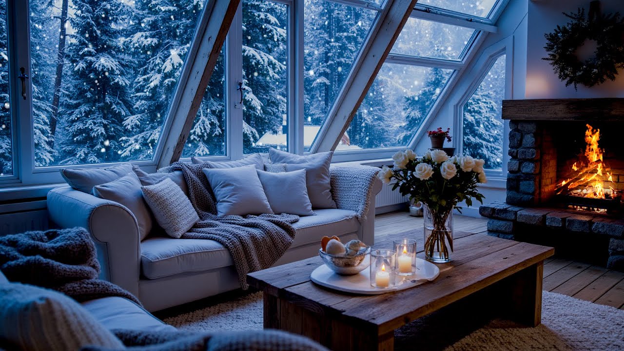 Calm Winter Piano in Cozy White Room ☃️ | Snow View Fireplace Ambience | Chill Study & Meditation