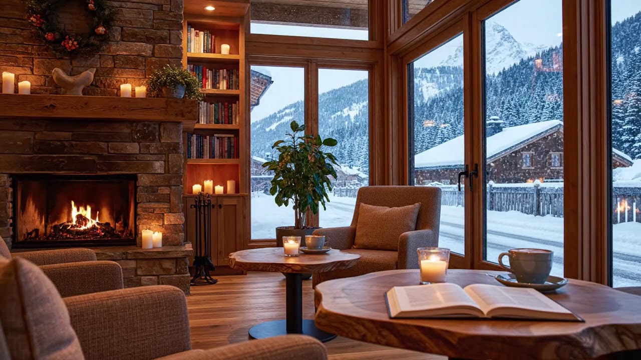 Peaceful Night Winter Coffee Lounge ☕ Cozy Jazz Piano & Gentle Fireplace Sounds for Study & Work