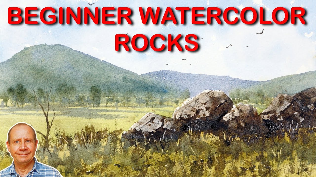 Easy beginner watercolor rocks in the landscape lesson. Simple techniques - creating realistic rocks