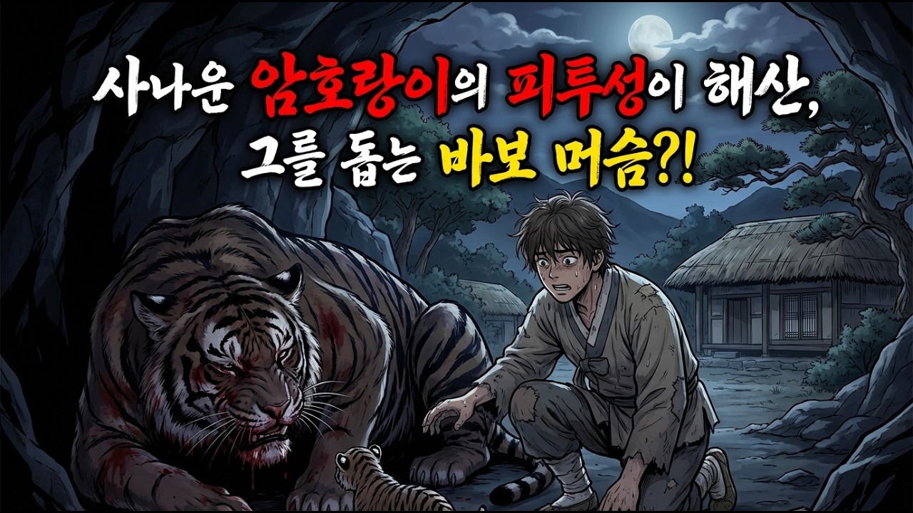 사나운 암호랑이의 피투성이 해산, 그를 돕는 바보 머슴 바보 머슴이라 불리던 돌쇠에게 호랑이가 은혜를 갚다