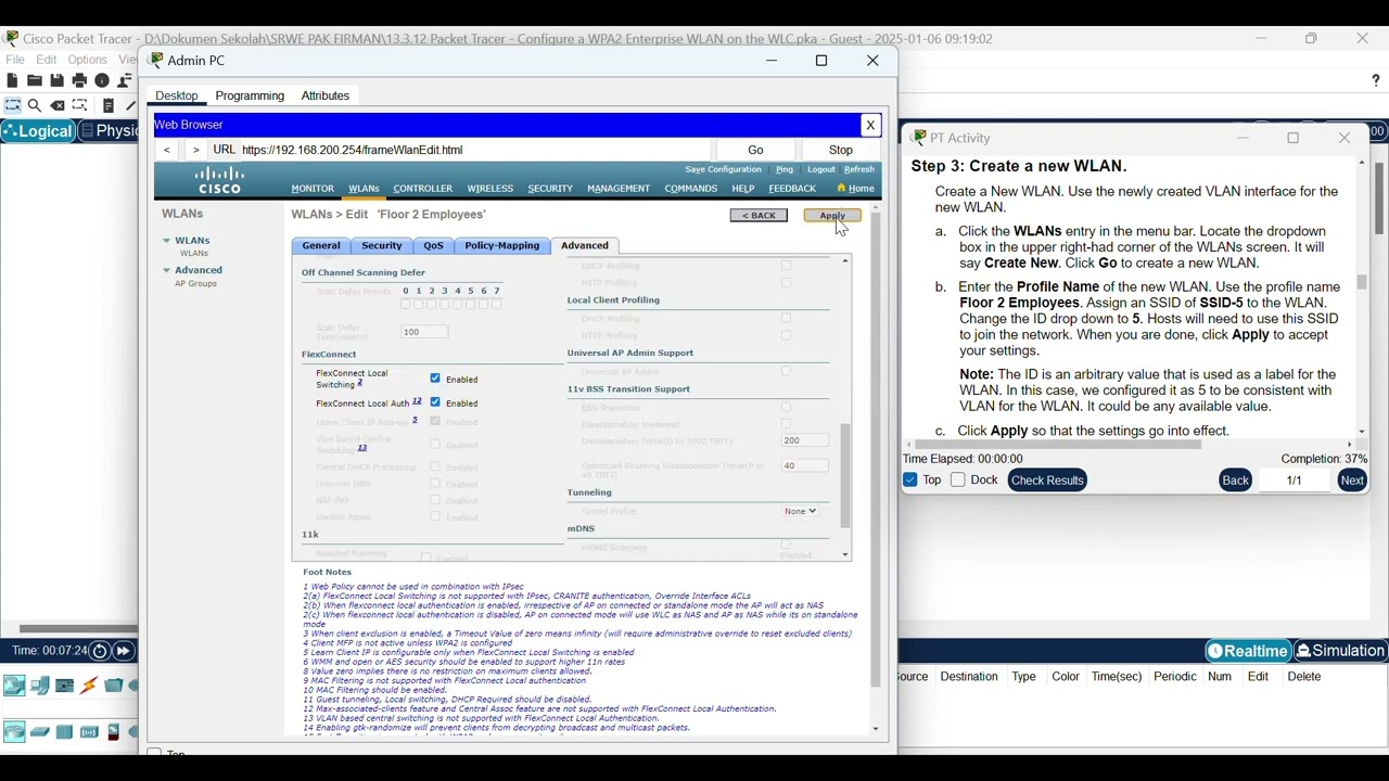 SRWE 13.3.12 Packet Tracer - Configure a WPA2 Enterprise WLAN on the WLC