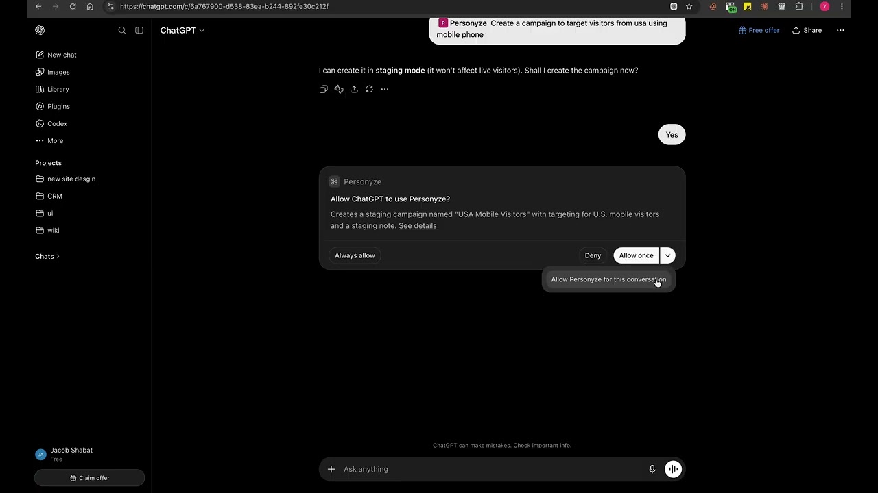 Create a Website Personalization Campaign from Inside ChatGPT &mdash; Personyze MCP