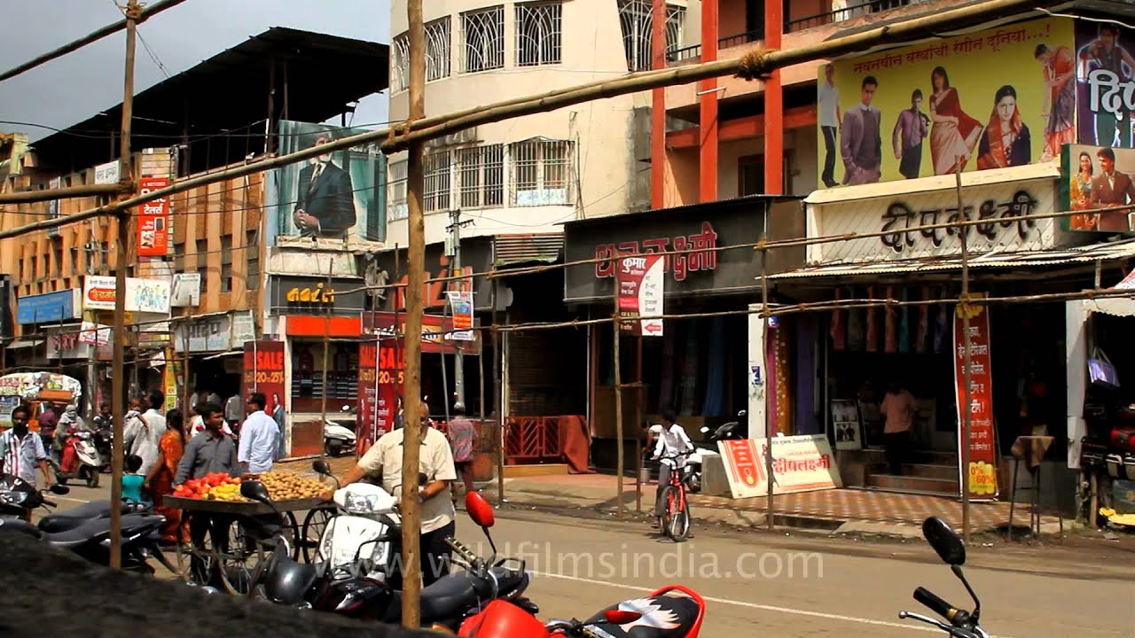 Busy road full of add banners in Satara, Maharashtra