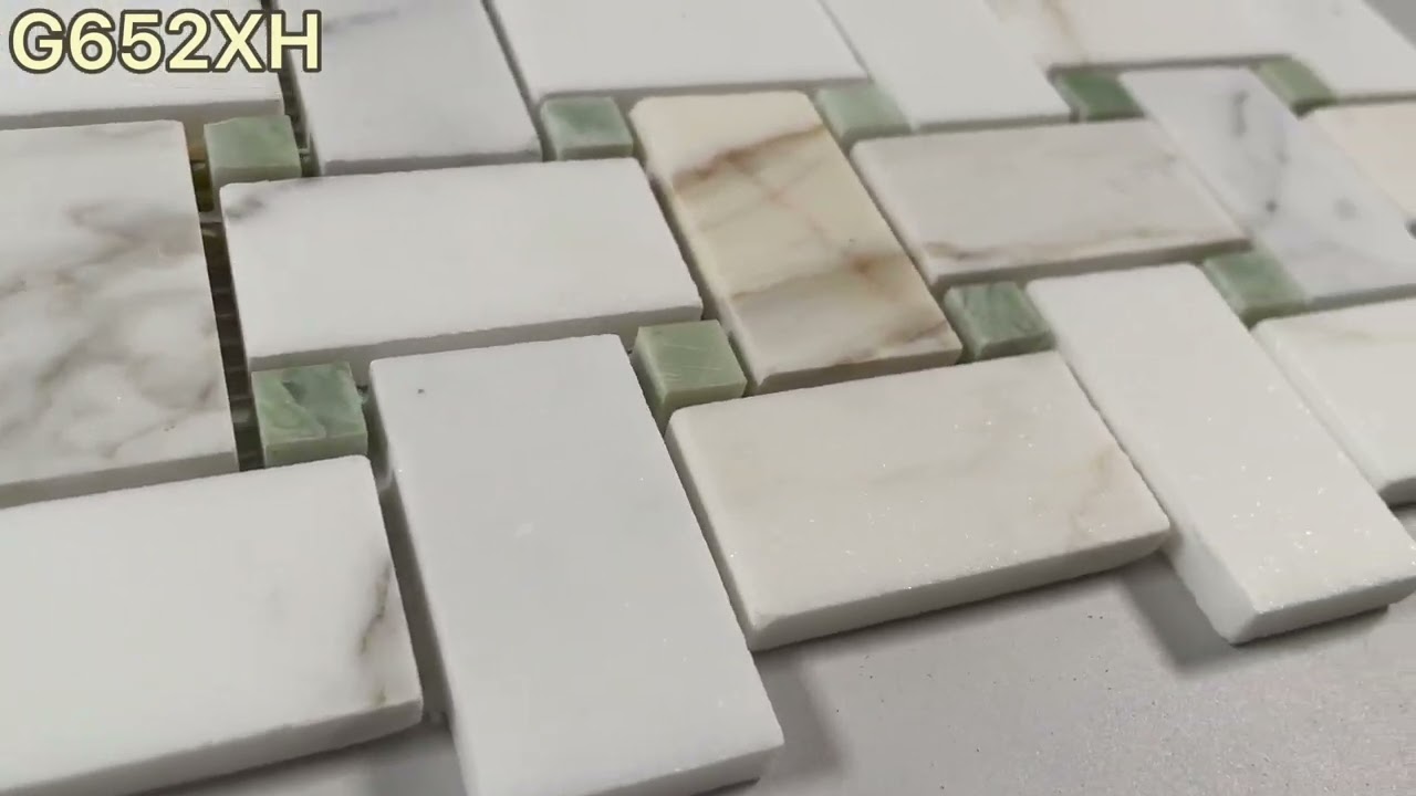 Marble Online - Calacatta Gold Marble 1x2 Basketweave Mosaic Tile w/ Green Jade Dots Honed