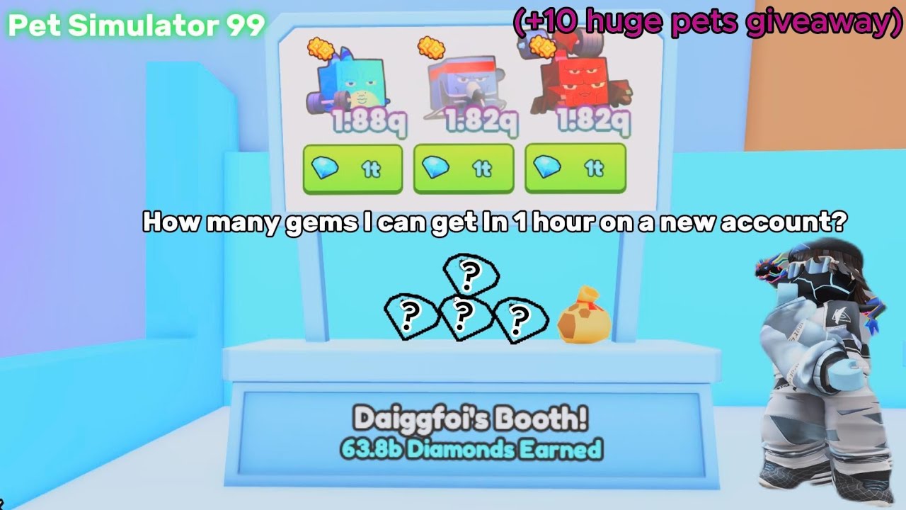 How many diamonds I can get in ONE hour on a new account? 10 huges giveaway | Pet Simulator 99