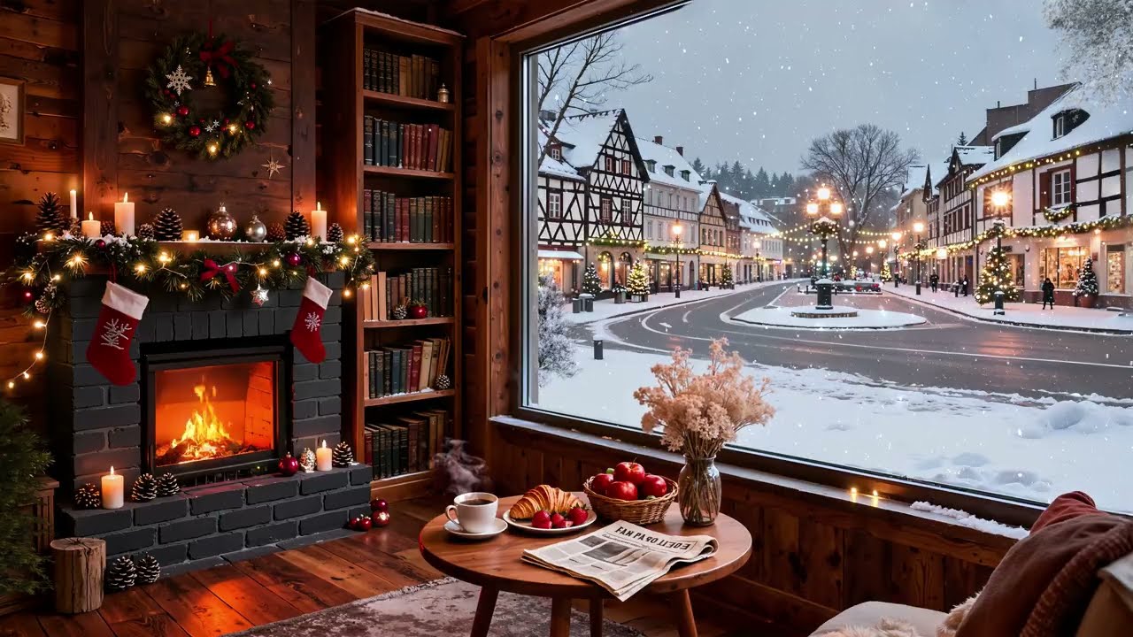 Soothing Coffee Jazz by the Cozy Fireplace - Elegant Winter Town Cafe Music for Stress Relief