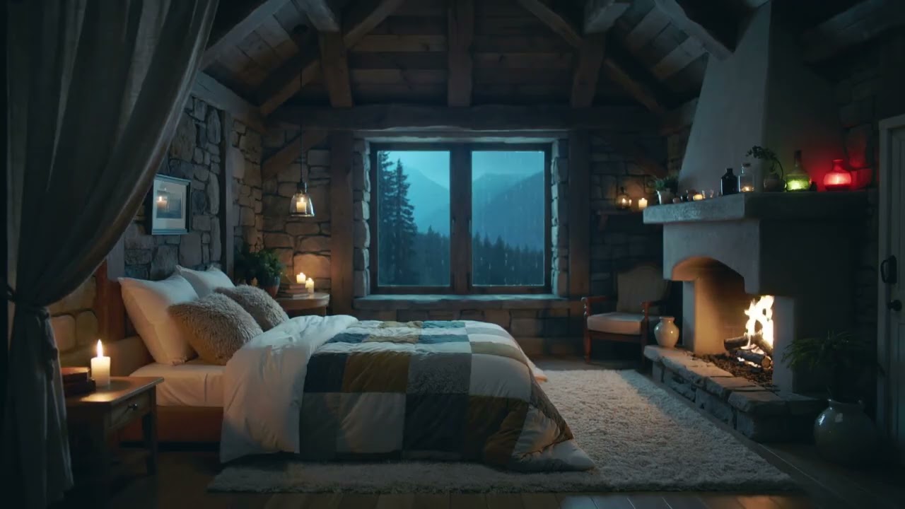 ASMR cosy fireplace and heavy rain on window in castle bedroom 🔥🌧️