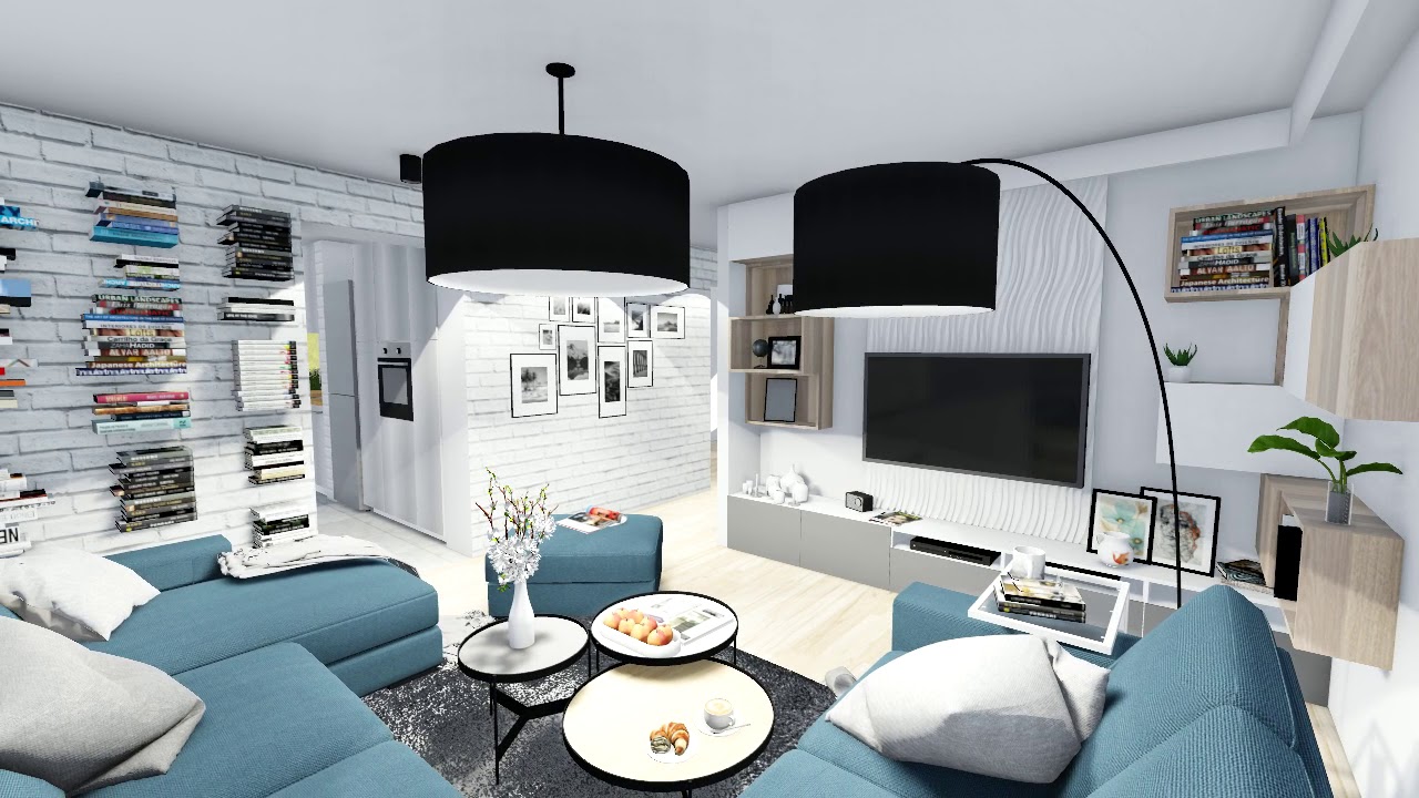 Wizualizacja salon / pokój dzienny - IKEA - KIVIK 5-os. granatowy, zabudowa TV BESTÅ, turkus