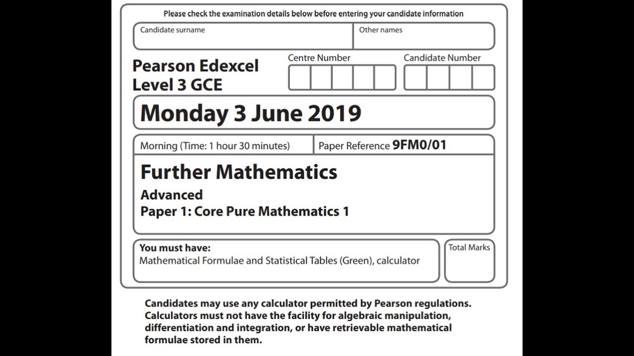 Core Pure Paper 1 2019 Pearson/Edexcel A level Further Maths