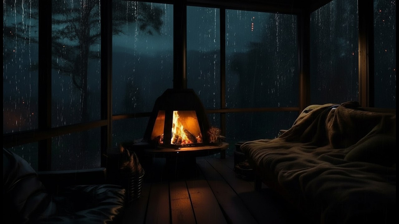 Rainy in Cabin Night Ambience with Crackling Fireplace & Rain Sounds for Sleeping