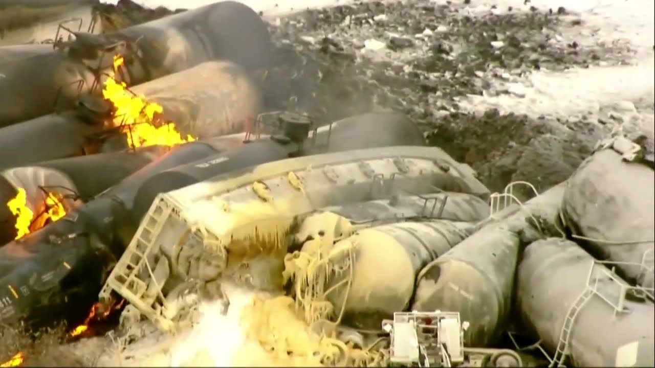 Aerial Footage: Fiery Minnesota train derailment prompts evacuations