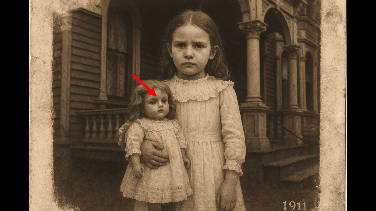 Little girl holding a doll in 1911 — 112 years later, historians zoom in on the photo and freeze...