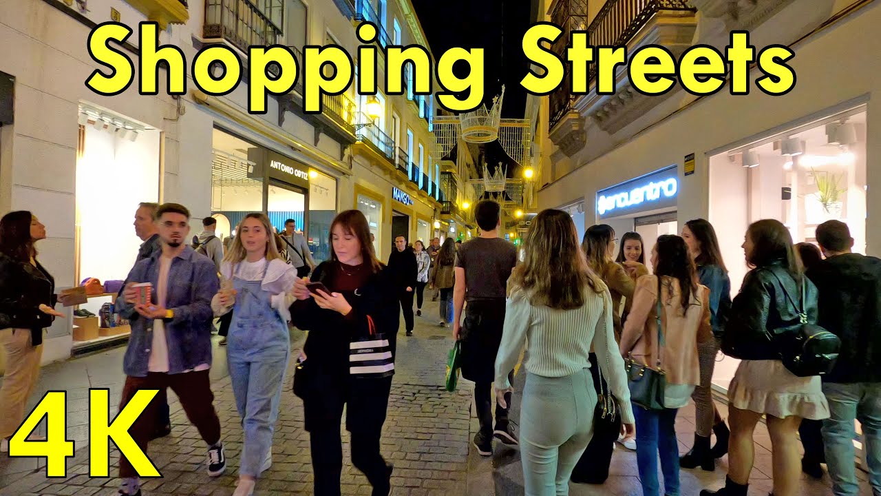Night walk in Seville City Center Shopping Streets - 4K Virtual Walking Tour 2022, Spain 🇪🇸