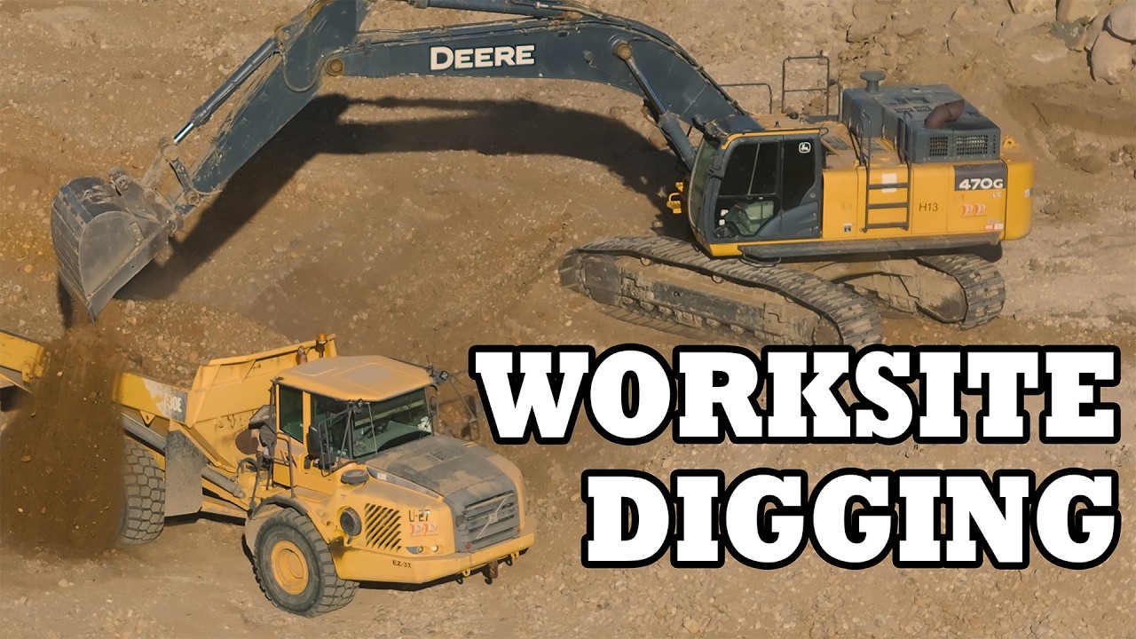 Massive Excavator at Worksite Tears Through Dirt & Loads Dump Trucks Non-Stop in 4k