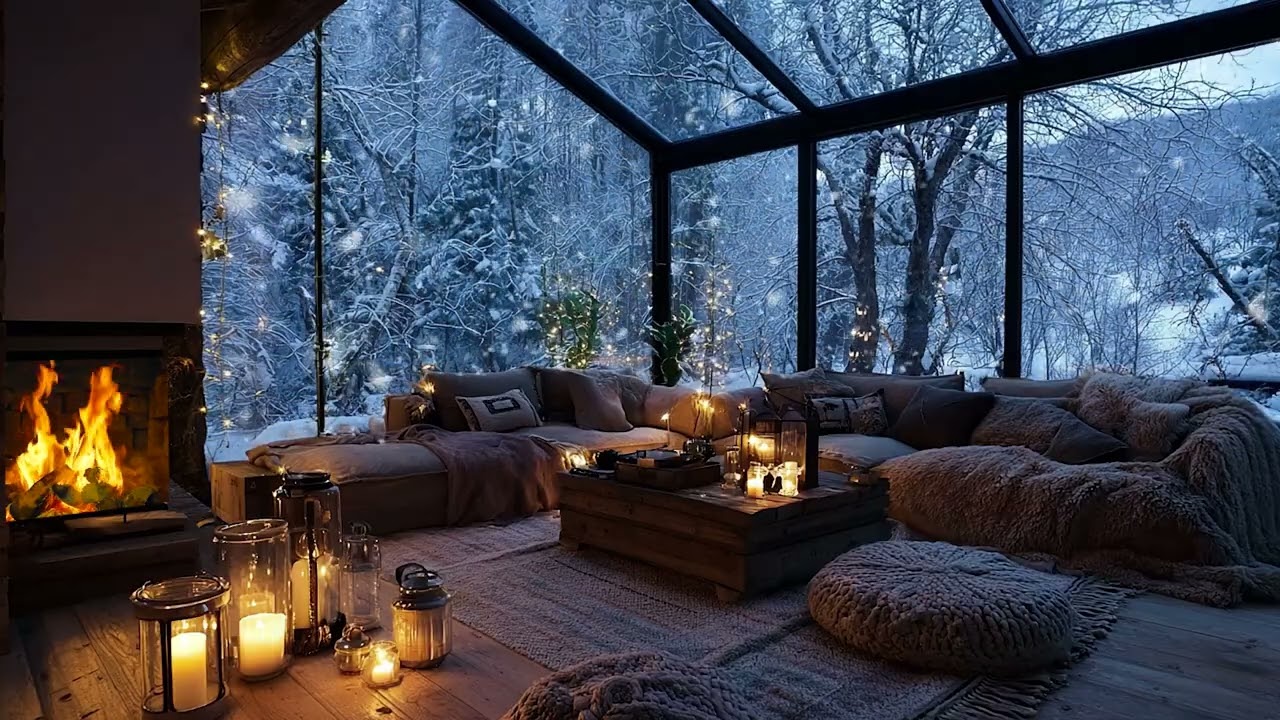 Winter Storm and Fireplace in a Cozy Living Room ❄️ Relaxing Fire and Snow Wind Sounds