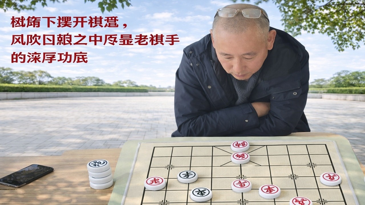 树荫下摆开棋盘，风吹日晒之中尽显老棋手的深厚功底
