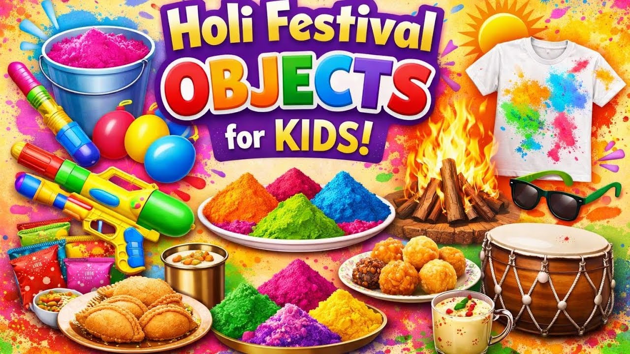 Holi Festival Objects Name | Learn Holi Things for Kids