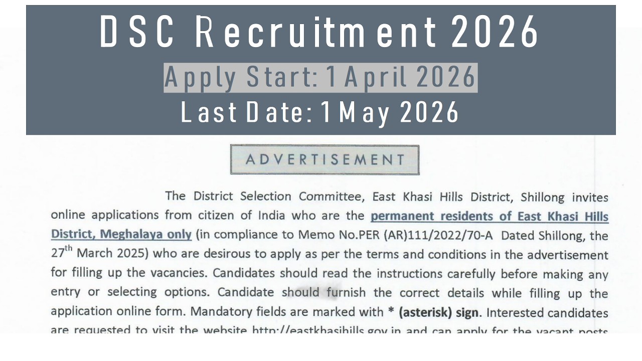 East Khasi Hills DSC Recruitment 2026  All Posts Explained  Salary, Eligibility, Apply Online