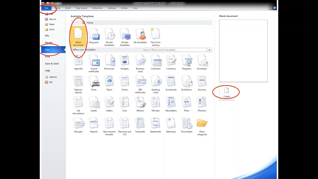 Microsoft Word: Creating a New Document