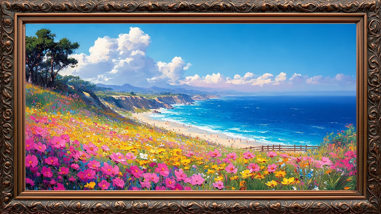 Coastal Meadow with Blooming Flowers painting Frame TV Art Gold Frame TV Art Screensaver