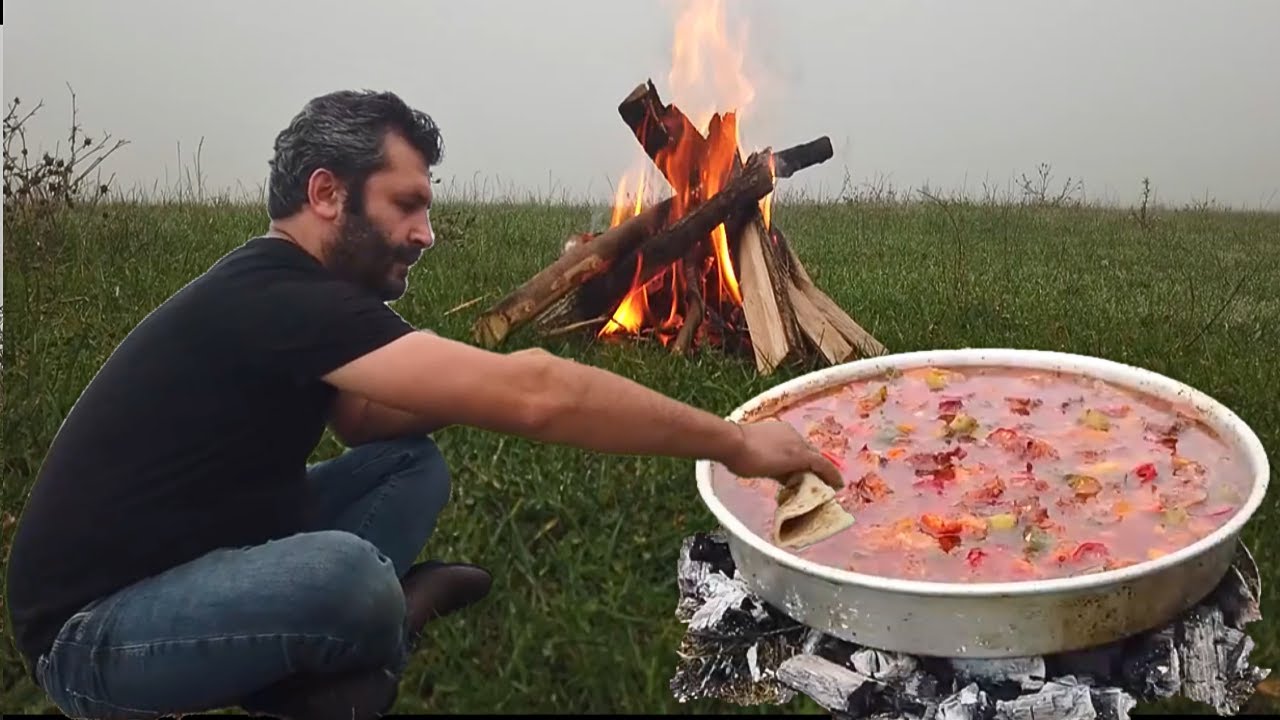 Meat Kebab with Vegetables on a Tray over Ember Fire / One of Turkey's Most Famous Dishes