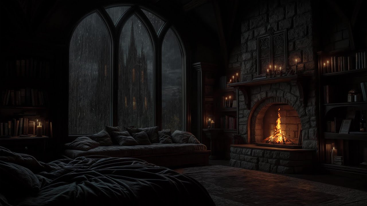 Dark Cozy Room ASMR 🔥 Rain & Fireplace Sounds for Deep Sleep