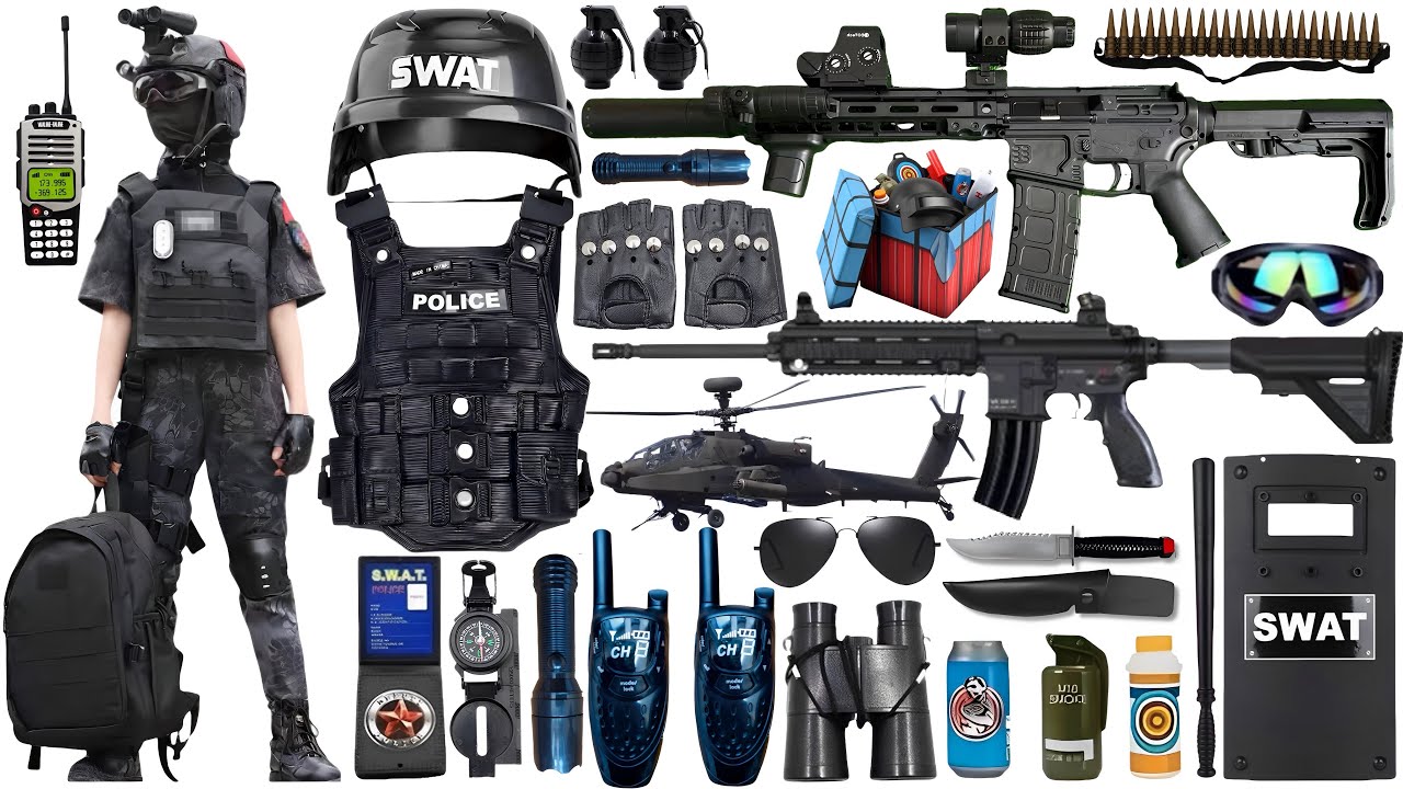 Special police weapon toy set unboxing, SLR rifle, shield, tactical helmet, UZI submachine gun,Glock