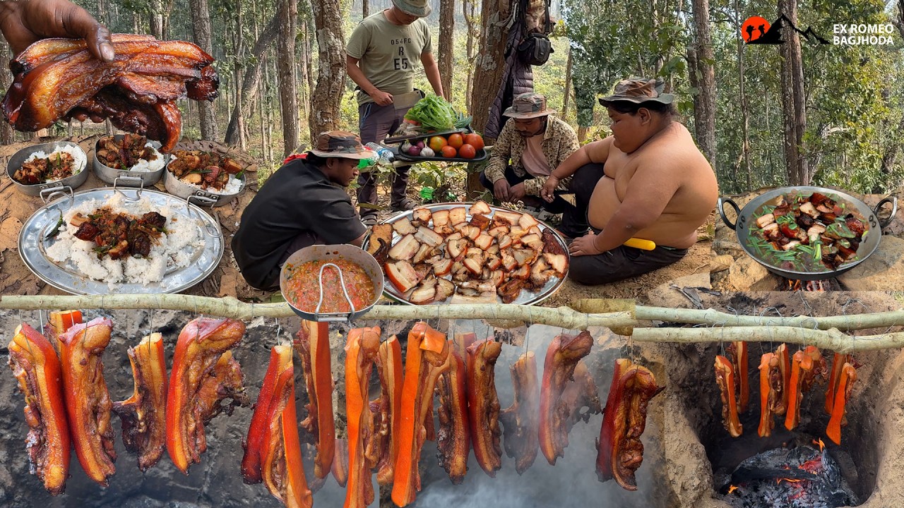Smokey Pork Making Dry Pig Meat Sukuti Wildness Cooking Skill Outdoor Cooking and Eating in Jungle