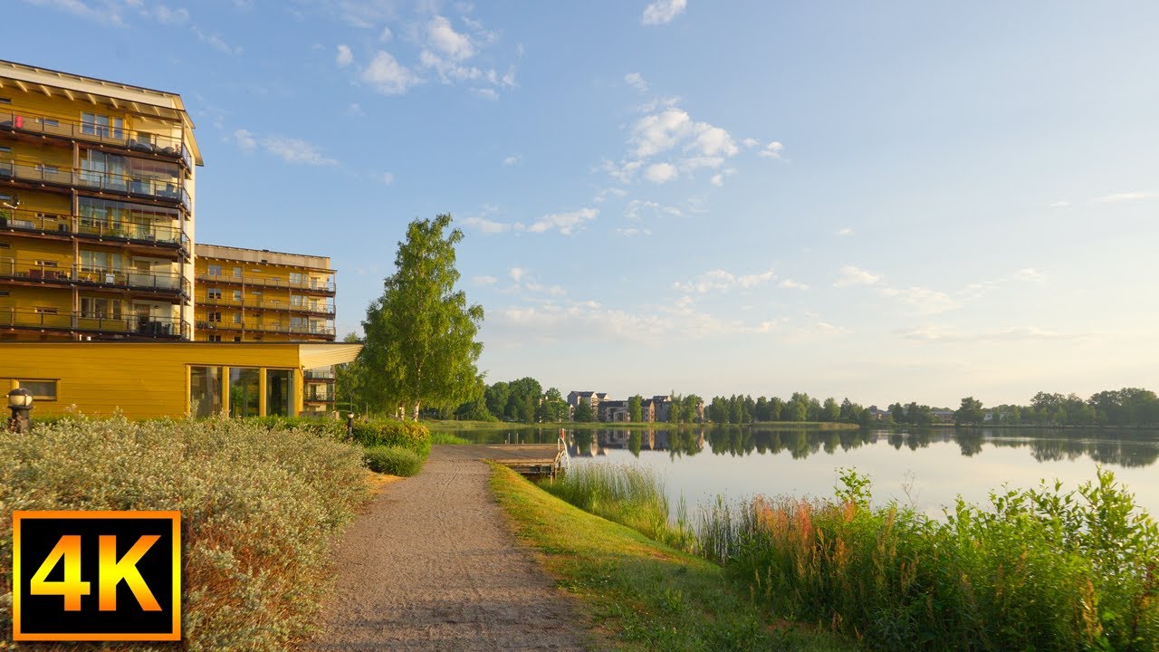 Sunrise walk around Växjö city lake trummen - 4K City Walking Sweden