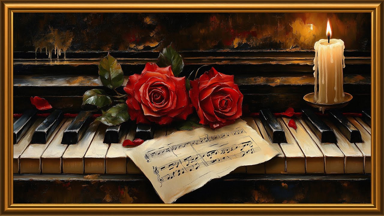 Vintage Piano and Red Roses Painting | Soft Piano Ambience | Valentine Frame TV Art Screensaver