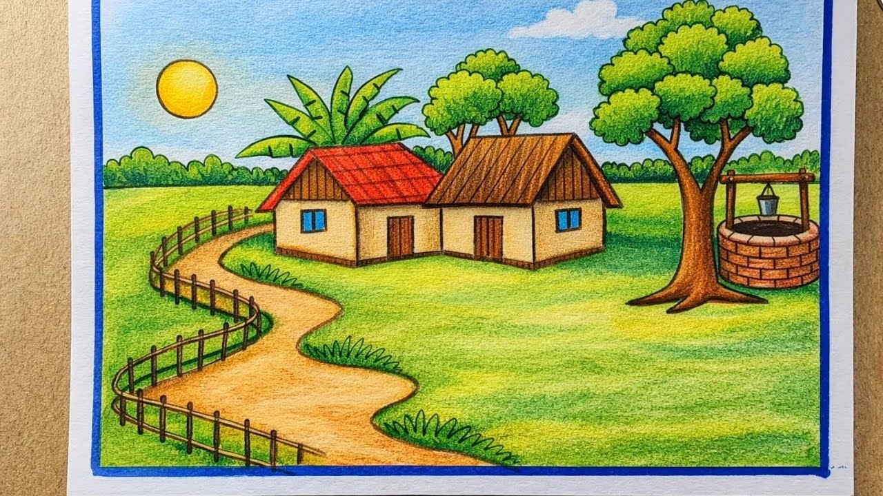 Village Scenery Drawing for Kids and Beginners 🌾 | Color Drawing