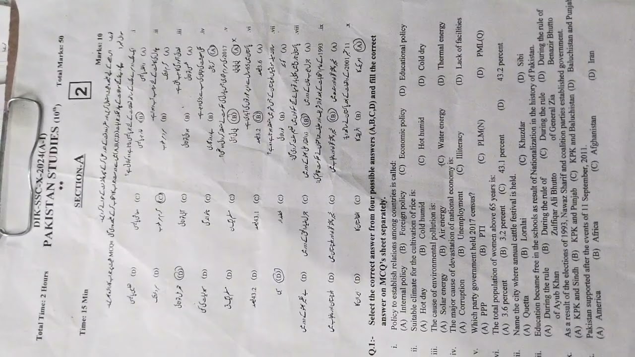Pakistan study paper (Annual- 1) 10th BISE DIKhan KPK 20/04/2024
