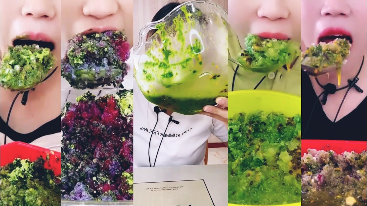 ASMR ice eating | Qian eating slushy crushed ice with heavy matcha powder & passion fruit |Ice Lover